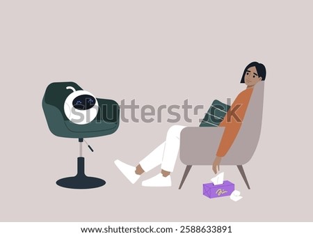 An upset person sits in a cozy chair, engaging in therapy while an AI assistant listens thoughtfully, offering support in a serene environment decorated with soft colors