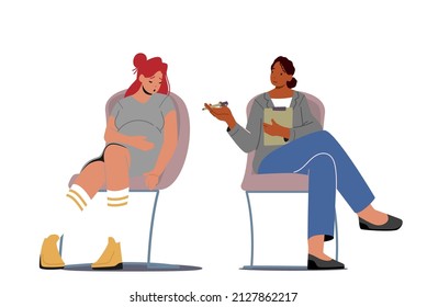 Upset Pregnant Woman with Big Belly Visiting Perinatal Courses with Psychological Support. Coach and Pregnant Female Character Sitting in Class Discussing Issues. Cartoon People Vector Illustration