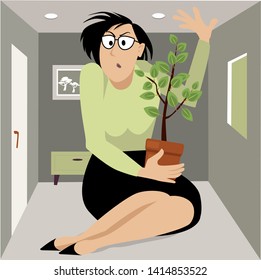 Upset Professional Woman Cramped In A Very Small Apartment, EPS 8 Vector Illustration