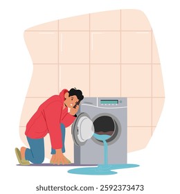 Upset puzzled man character calling emergency repair service by smartphone discovering broken automatic washing machine leakage vector illustration. Home appliance problem and unpleasant incident