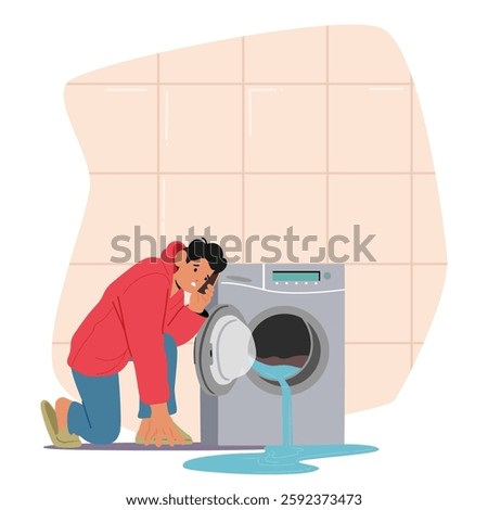 Upset puzzled man character calling emergency repair service by smartphone discovering broken automatic washing machine leakage vector illustration. Home appliance problem and unpleasant incident