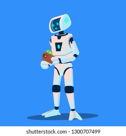 Upset Robot Counts Money In His Wallet Vector. Isolated Illustration