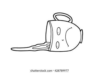 An Upset Sad Pessimistic Cartoon Cup, Which Accidentally Was Pushed By Awkward Guest During A Tea Party, Lies On A Table In A Puddle Of Spilled Tea And Feels Alone And Useless