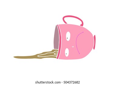 An Upset Sad Pessimistic Cartoon Freehand Funny Pink Cup, Which Accidentally Was Pushed By Awkward Guest During The Tea Party, Lies On A Table In A Puddle Of Spilled Tea And Feels Alone And Useless