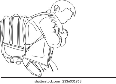 Aturdido escolar con una dura mochila: Ilustración, niño perezoso quejándose del peso de la bolsa escolar: Caricatura, niño infeliz con una bolsa pesada de libros