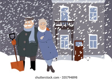 Upset Senior Couple With A Snow Shovel Under The Snow, Winter City Street On The Background, EPS 8 Vector Illustration, No Transparencies