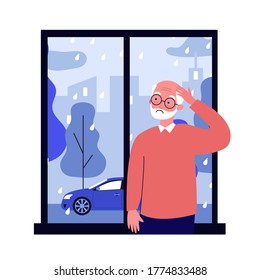Upset senior man standing near window and looking at rain. Car, street, autumn flat vector illustration. Weather and season concept for banner, website design or landing web page