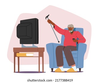 Upset Senior Man Watching Tv Waving Cane, Angry Dissatisfied Elderly Male Character Sitting on Armchair Watch Bad News Isolated on White Background. Cartoon People Vector Illustration