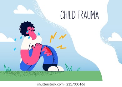 Upset small kid sit on ground outdoors cry because of falling down breaking knee. Unhappy child stressed with trauma or injury outside. Children drama concept. Flat vector illustration. 