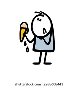 Upset stickman holds melting ice cream in his hand and look sadly. Vector illustration of chocolate dessert on hot summer days.