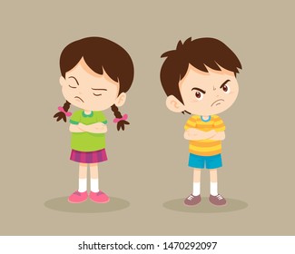 Upset Student Girl And Boy.Angry Upset Kids Standing Back To Back With Crossed Hands And Looking Extremely Resolute