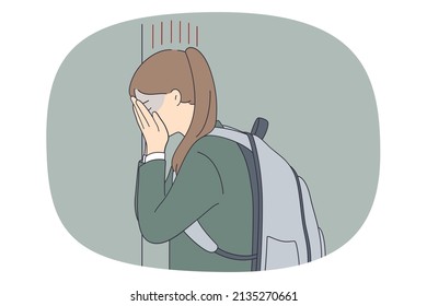 Upset Teen Girl Crying Suffer From Bullying Or Harassment In School. Unhappy Sad Teenager Schoolgirl Feel Stressed Having Mental Or Psychological Problems. Adolescence. Vector Illustration. 