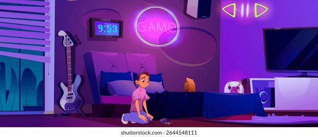 Upset teenage boy sits on floor near broken sci-fi cube in purple kid room with gaming setup - console controller and tv screen, speakers and neon light signs, electric guitar near window and bed.