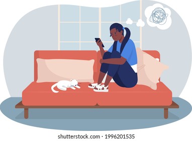 Upset teenage girl at home 2D vector isolated illustration. Depressing thoughts. Sad teen looking at smartphone screen flat characters on cartoon background. Teenager problem colourful scene