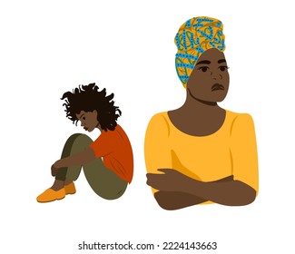 Upset teenage girl and mom ignore each other, don't talk after quarrel, unhappy, parent and child, family generational conflict. Vector illustration