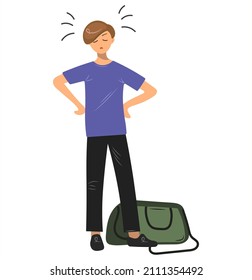 Upset teenager. The boy is going through hard times, quarrels with parents, conflicts, problems at school. Packed a bag to leave the house. Vector isolated characters of gestures, emotions, mood types