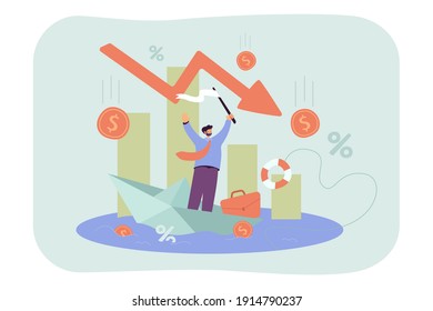 Upset tiny man asking for help because of business failure flat vector illustration. Cartoon businessman in trouble and falling financial chart. Bankruptcy and economy crisis concept