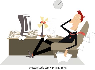 Upset and tired businessman in the office illustration. Man in the office sits in the armchair in front of the tabletop fan and puts hand on the head
