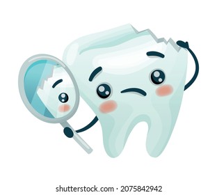 Upset tooth character looking in dental inspection mirror. Oral care, mouth hygiene, teeth restoration concept cartoon vector illustration