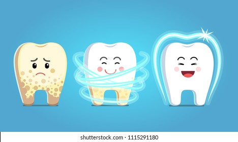 Upset tooth character with plaque gets treatment, becomes healthy, shiny & protected. Dental plaque removal procedure steps. Teeth dentistry protection, dental care clipart. Flat vector illustration