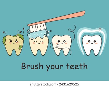 Upset tooth character with plaque gets cleaning, becomes healthy, shiny and protected. Teeth dentistry protection, dental care clipart. Flat vector illustration