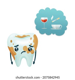 Upset tooth character with wine, coffee, cigarette stains cartoon vector illustration