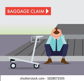 Upset Traveler Or Businessman Waiting At Airport Baggage Carousel For Luggage That Is Missing Or Lost By Airline