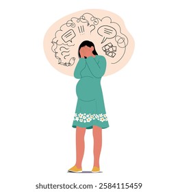 Upset unhappy pregnancy woman suffering from negative obsessive thoughts feeling loneliness, hopeless worried due to life troubles and social issues vector illustration. Unwanted pregnancy problem