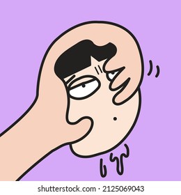 Upset Unhappy Woman Was Squeezing Head By Hands, Suffering From Headache. People, Tension And Migraine Concept Card Character illustration