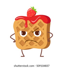 Upset waffle with jam and strawberry isolated. Funny sweet cartoon character. Tasty dessert. Quick snack. Confectionery childish illustration in flat design. Angry wafer. Menu for children vector
