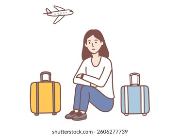 Upset woman airport passenger sits among tourist suitcases and waits for plane. Hand drawn style vector design illustrations.