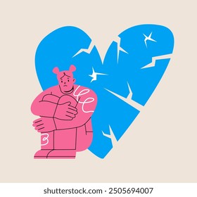 Mujer molesta con el corazón roto. Ilustración vectorial colorida
