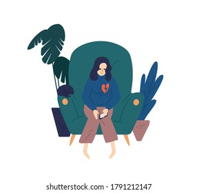 Upset woman with broken heart hold smartphone vector flat illustration. Heartbroken female sit on armchair have problem in relationship feeling hurt isolated. Depressed person see parting message