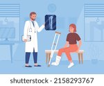 Upset woman with broken leg at traumatologist appointment flat color vector illustration. Doctor and patient at x-ray bones checkup 2D simple cartoon characters with office interior on background