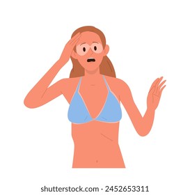 Upset woman cartoon character terrified of sunburns on face in shape of sunglasses isolated on white