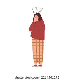 Upset woman covering her face with facepalm gesture, feeling stress or frustration, flat vector illustration isolated on white background. Disappointment and frustration.