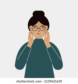 Upset woman cries and holds his head with his hands. The concept of resentment, pain and depression. Vector flat illustration