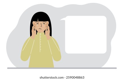 Upset woman cries and holds his head with his hands. The concept of resentment, pain and depression. Vector flat illustration