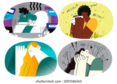 Upset woman cry miss feeling lonely and abandoned. Outcast and loner. Unhappy sad girl distressed suffer with depression or mental disorder. Nervous breakdown concept. Flat vector illustration. Set.