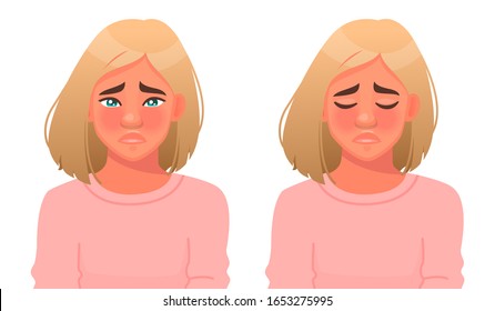 Upset woman is crying. Sadness or resentment. Tears on eyes. Negative emotions on the girl's face. Vector illustration in cartoon style