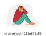 Upset woman is crying, sitting on floor and clutching head, due to panic attack or personal burnout. Upset girl experiences stress and depression because of conflict with boyfriend.