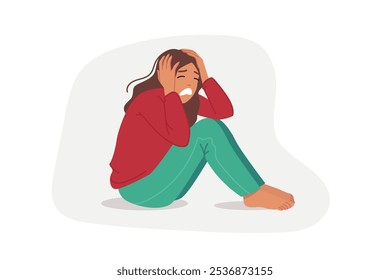 Upset woman is crying, sitting on floor and clutching head, due to panic attack or personal burnout. Upset girl experiences stress and depression because of conflict with boyfriend.