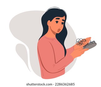 
Upset woman with fallen hair on a comb. Alopecia. Vector illustration
