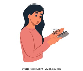 
Upset woman with fallen hair on a comb. Alopecia. Vector illustration