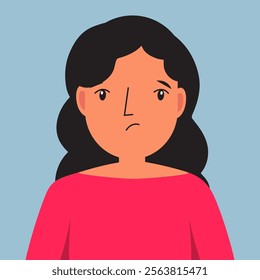 Upset woman. Female with unhappy face. Sad human face. Vector illustration for people emotions.