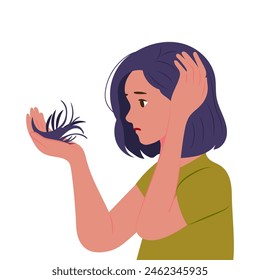 Upset woman frustrated with hair loss. Unhappy female hold lock and stressed with hair thinning need medical treatment or procedure. Vector illustration.