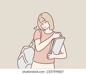 Mujer molesta con la mochila pesada. Ilustraciones de diseño vectorial de estilo dibujado a mano.