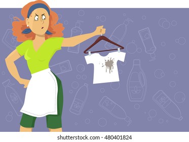 Upset woman looking at a kid's tee-shirt with a stain on it, EPS 8 vector illustration