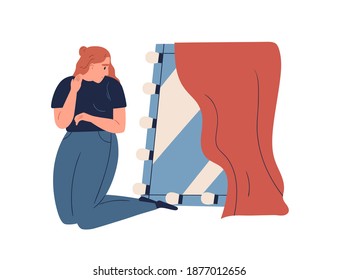 Upset woman looking at reflection in mirror feeling diffidence about appearance and body vector flat illustration. Depressed teen with psychological self acceptance problem. Self doubt concept