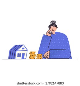 Upset woman looking at small house. Girl with house and money coins  on isolated background. Concept of business in real estate, mortgage, rent, home buying , lack of money for housing